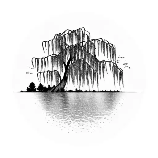 weeping willow over a lake, half moon, empty row boat, landscape,  tattoo design idea