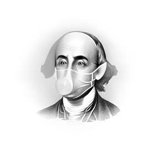 Benjamin Frankline wearing a bandana around mouth, with money, guns, drugs tattoo design idea