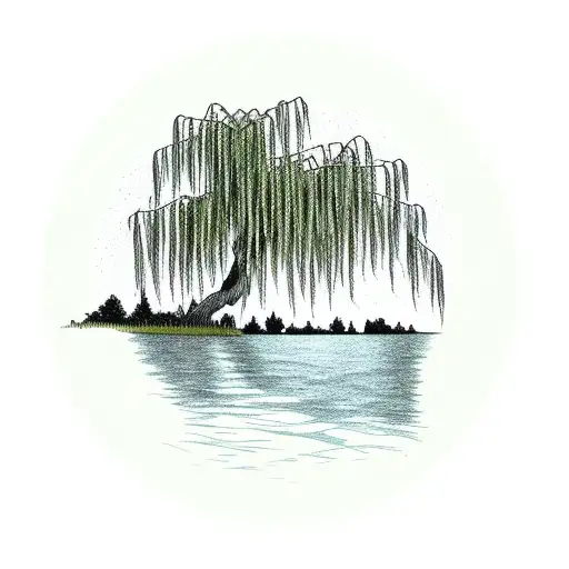 weeping willow over a lake, half moon, empty row boat, landscape,  tattoo design idea
