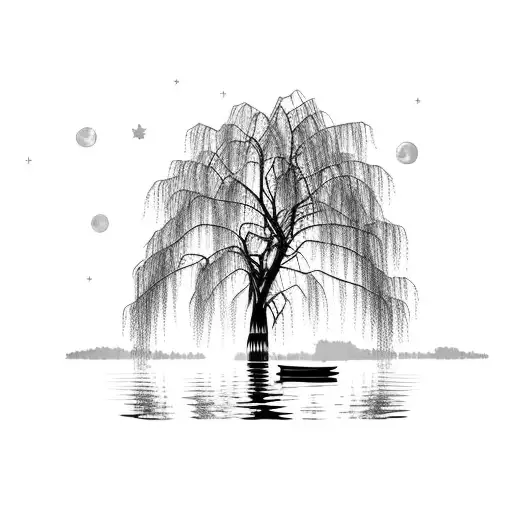 weeping willow over a lake moon, little row boat tattoo design idea