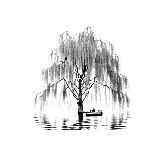 weeping willow over a lake, half moon, boat, stars,  tattoo design idea