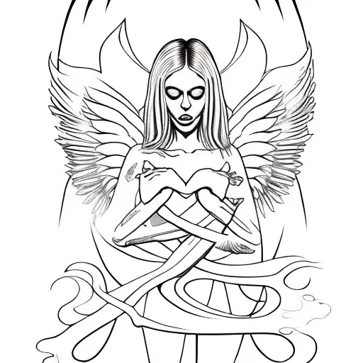 A sensual silhouette with angel wings embracing a heart tattoo design idea