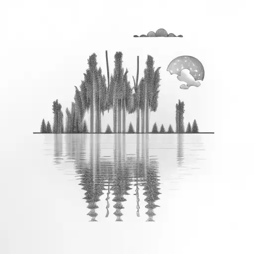 weeping willow over a lake, half moon, empty row boat, landscape,  tattoo design idea