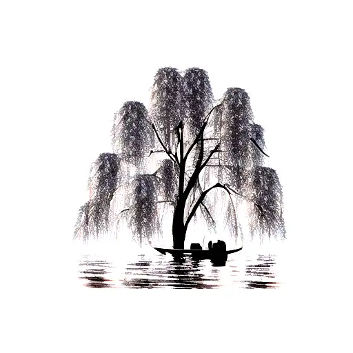 weeping willow over a lake moon, little row boat tattoo design idea