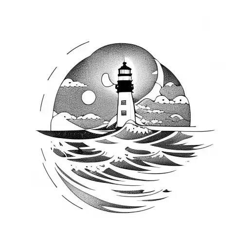 light house with moon and waves thick lines tattoo design idea
