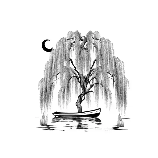 weeping willow over a lake, half moon, boat, stars,  tattoo design idea