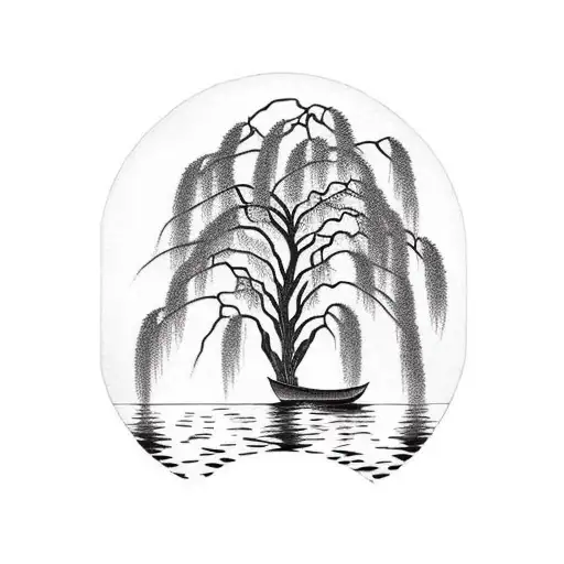 weeping willow over a lake, half moon, boat, stars,  tattoo design idea