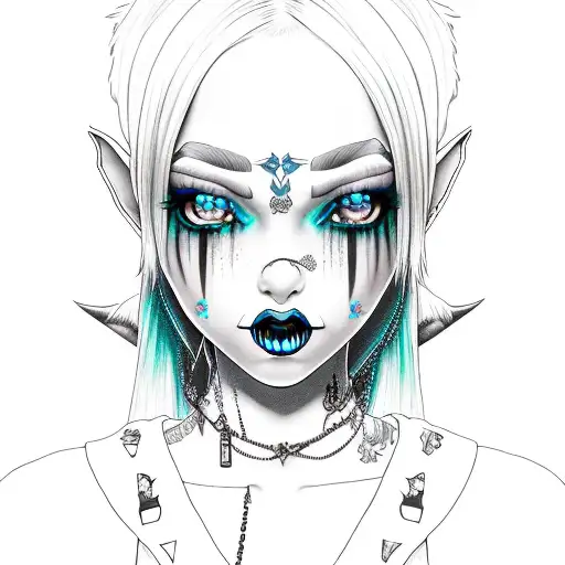 goth girl elf ears blue hair tattoo design idea