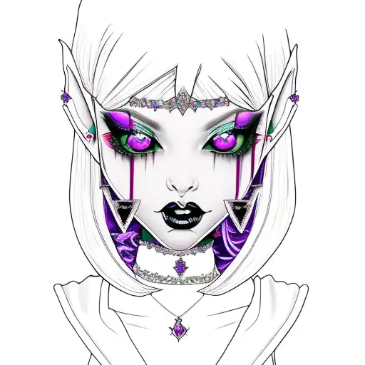 goth girl elf ears purple gem collar tattoo design idea