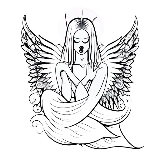 A sensual silhouette with angel wings embracing a heart tattoo design idea