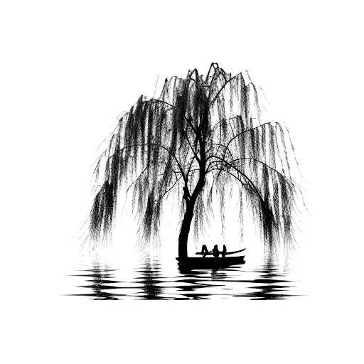 weeping willow over a lake, half moon, empty row boat, full sky,  tattoo design idea