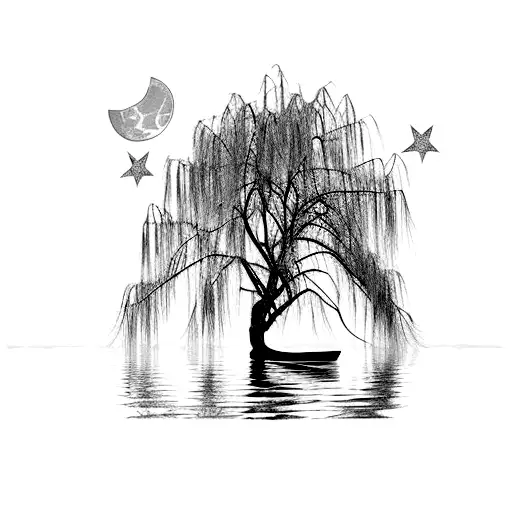 weeping willow over a lake, half moon, empty row boat, stars,  tattoo design idea