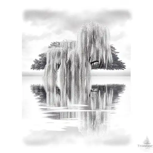 weeping willow over a lake, half moon, empty row boat, landscape,  tattoo design idea