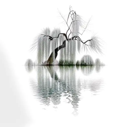 weeping willow over a lake, half moon, empty row boat, landscape,  tattoo design idea