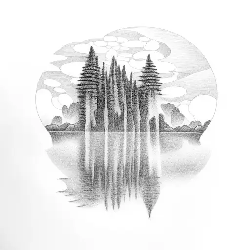 weeping willow over a lake, half moon, empty row boat, landscape,  tattoo design idea