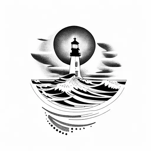light house with moon and waves thick lines tattoo design idea