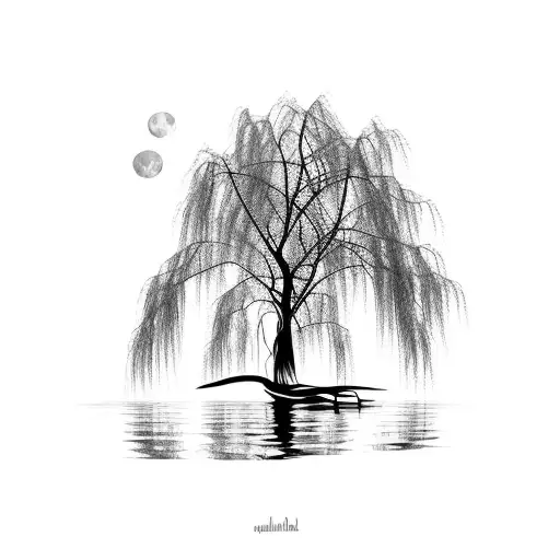 weeping willow over a lake moon tattoo design idea