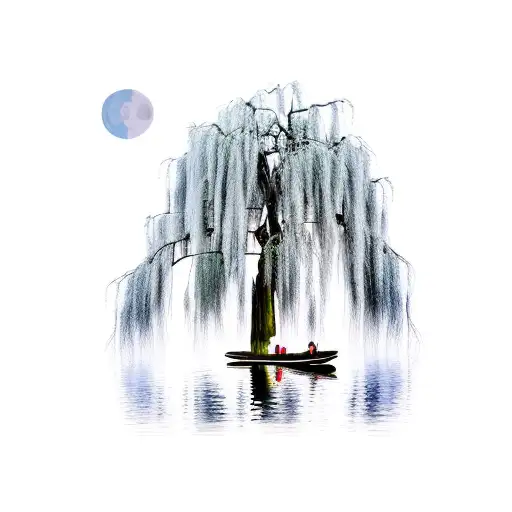weeping willow over a lake, half moon, empty row boat, landscape,  tattoo design idea