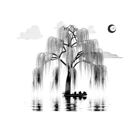 weeping willow over a lake, half moon, empty row boat, landscape,  tattoo design idea