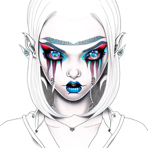 goth girl elf ears blue hair tattoo design idea