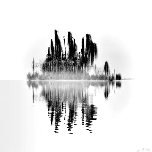 weeping willow over a lake, half moon, empty row boat, landscape,  tattoo design idea