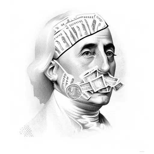 Benjamin Frankline wearing a bandana around mouth, with money, guns, drugs tattoo design idea