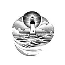 light house with moon and waves thick lines tattoo design idea
