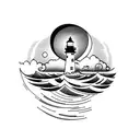 light house with moon and waves thick lines tattoo design idea