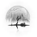 weeping willow over a lake, half moon, empty row boat, landscape,  tattoo design idea