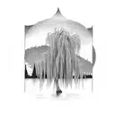 weeping willow over a lake, half moon, empty row boat, landscape,  tattoo design idea