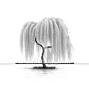 weeping willow over a lake, half moon, empty row boat, landscape,  tattoo design idea