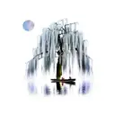 weeping willow over a lake, half moon, empty row boat, landscape,  tattoo design idea