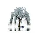 weeping willow over a lake, half moon, empty row boat, landscape,  tattoo design idea