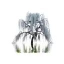 weeping willow over a lake, half moon, empty row boat, landscape,  tattoo design idea