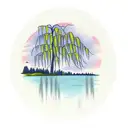 weeping willow over a lake, half moon, empty row boat, landscape,  tattoo design idea