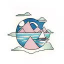 weeping willow over a lake, half moon, empty row boat, landscape,  tattoo design idea