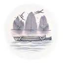 weeping willow over a lake, half moon, empty row boat, landscape,  tattoo design idea
