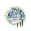 weeping willow over a lake, half moon, empty row boat, landscape,  tattoo design idea