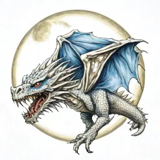 Blue-eyed white dragon, flying in front of the moon tattoo design idea