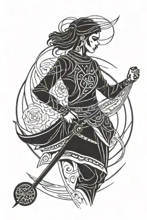 Arabic symbol of female warrior (mukatila) supplemented with abstract lines on wrist covering bigger area. tattoo design idea