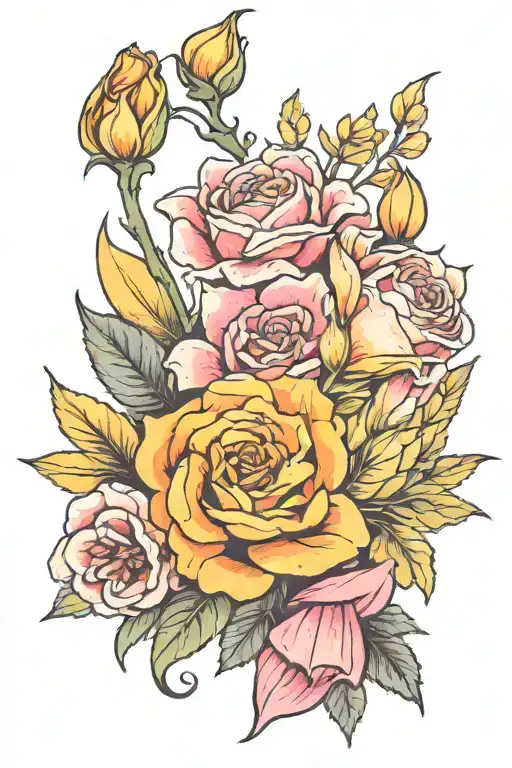 red rose, orange lily, yellow zinnia and pink carnation tattoo design idea