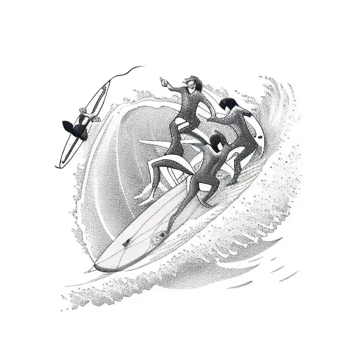 A family of surfers riding a giant wave, representing the bond of family and the thrill of riding the waves together. tattoo design idea