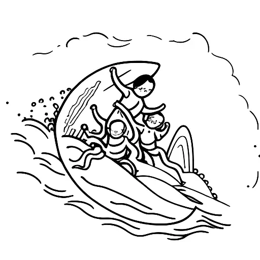 A family of surfers riding a giant wave, representing the bond of family and the thrill of riding the waves together. tattoo design idea