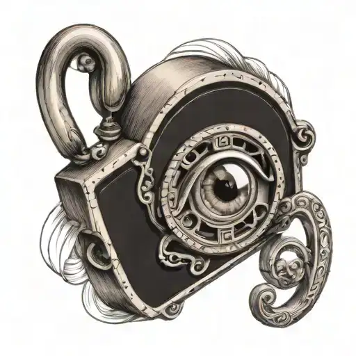 a antique  lock with a eye in the center which key whole be the eye iris in black and white color  tattoo design idea