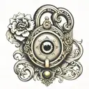 a antique lock with an eye in the center which the key hole be rhe eye iris the whole design be old school  tattoo design idea