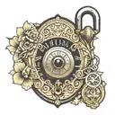 a antique lock with an eye in the center which the key hole be rhe eye iris the whole design be old school  tattoo design idea