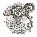 a antique key with an brain in the top k the whole design be old school  tattoo design idea