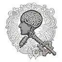 a antique key with an brain in the top k the whole design be old school  tattoo design idea