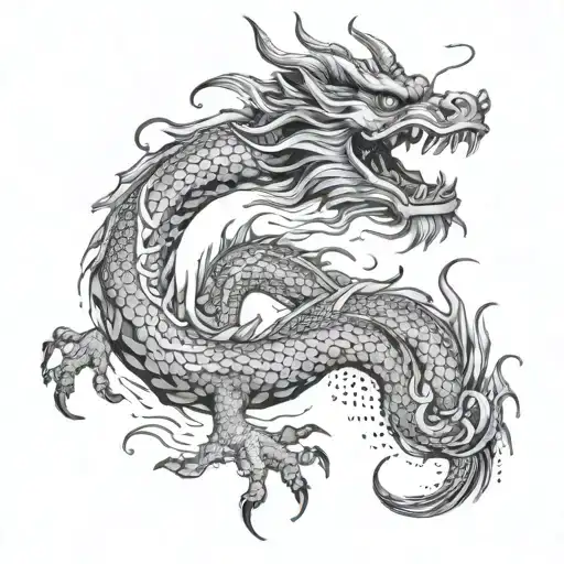 A Chinese dragon in a dotwork style with Chino characters hidden within its scales, adding a subtle and intricate touch to the design tattoo design idea