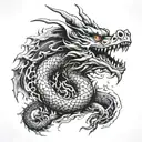 An angry dragon breathing fire while surrounded by Chinese symbols for strength and courage tattoo design idea